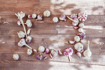Garlic. Garlic Cloves and Garlic Bulb on a wooden vintage rustic table. Top View. Frame