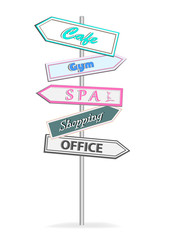 multicolor road signs Office SPA Shopping Gym Cafe isolated on white background