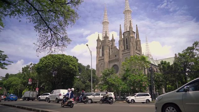 St. Mary of the Assumption Cathedral church in Jakarta, Indonesia. Tilt up from behind a road. Shot with Sony a7s and Atomos Ninja Flame on sunny day.