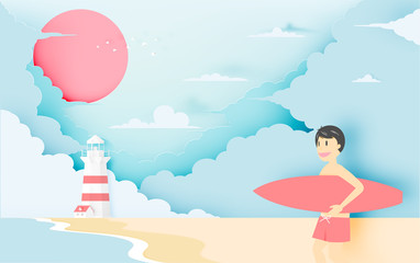 Lighthouse with ocean background frame paper art style