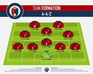 Obraz premium Football or soccer match formation infographic. Soccer jersey and football player position on football pitch. Football logo in flat design. Vector Illustration.