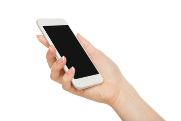 Female hand holding mobile phone screen, crop, cut out