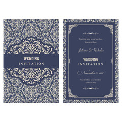 Wedding invitation cards  baroque style blue and beige. Vintage  Pattern. Retro Victorian ornament. Frame with flowers elements. Vector illustration.