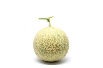 Melon fruit with perfect fresh green stem , isolated on white background