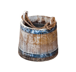 Old ancient wooden bucket isolated on white background