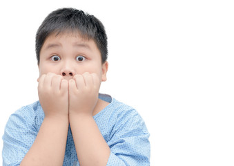 Obese fat asian boy portrait with funny shocked face expression