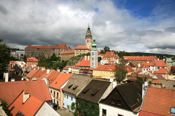 Cesky Krumlov, , Czech Republic, Czechia - 21 August, 2016:  panorama of the Old Town in Cesky Krumlov with colorful houses, Czechia, Heritage Unesco.