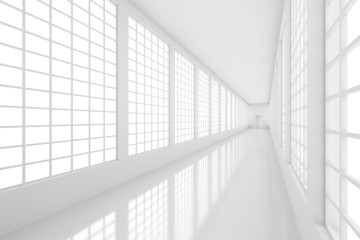 Fototapeta premium Futuristic empty white corridor with bright lights from windows and glossy floor. 3D Rendering.