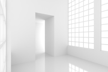 Futuristic empty white corridor with bright lights from windows and door. 3D Rendering.