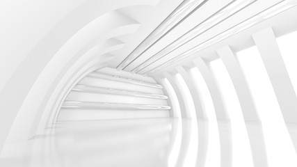 Futuristic empty white corridor with square columns and pipes on the ceiling. 3D Rendering.