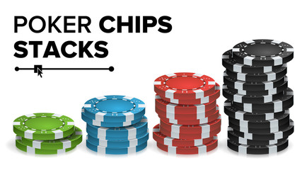 Casino Chips Stacks Vector. Realistic Colored Online Poker Game Chips Set Isolated Illustration.