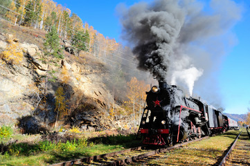 Plakat Vintage steam train in station beside of Lake Baikal,Russia.