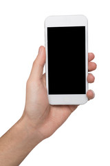Male hand holding blank mobile phone isolated on white