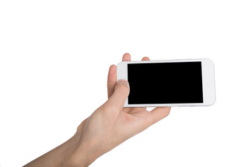Male hand holding blank mobile phone isolated on white