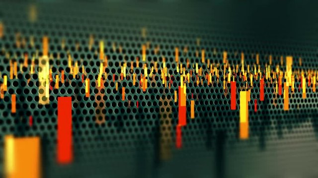 Perforated sheet metal with rectangle particle effect. 4K UHD modern technological slow motion loop background.