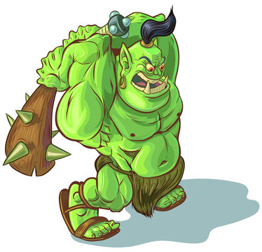 Vector Cartoon Troll Orc or Ogre with Raised Club