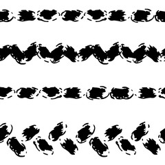 Black and white hand painted chevron and stitch ornament borders grunge seamless pattern, vector