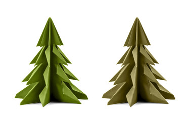 Obraz premium Origami Christmas tree paper isolated on white background. For decoration, Merry Christmas or Happy New Year postcard. Green and grey green color. Front view. Close up.