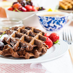 Table Set for Breakfast with Waffles and Berries