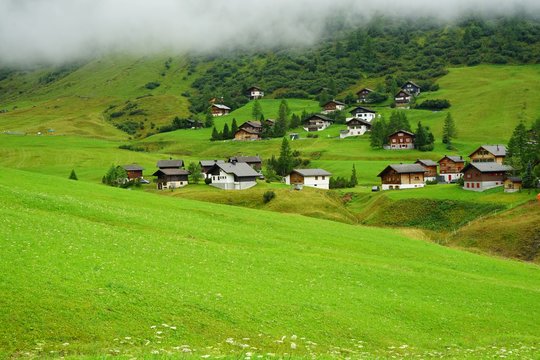 View of Malbun, a ski resort village in the Alps mountains in Liechtenstein near the border with Austria