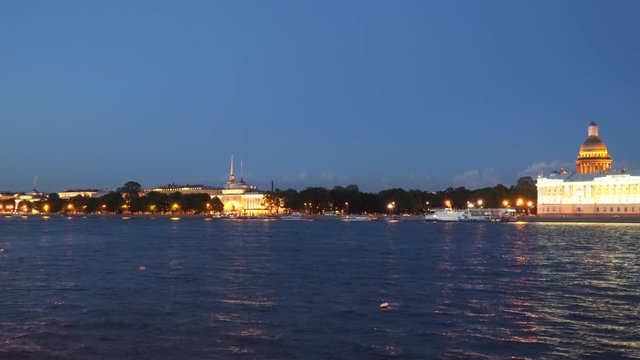 Neva Embankment in St. Petersburg at night.