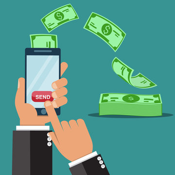 Business hands sending money wireless mobile phones. vector illustration