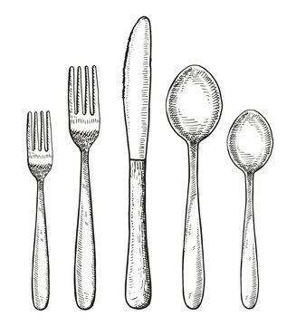 Set of cutlery vector. Spoon fork and knife hand drawing illustration