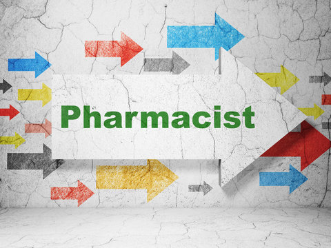 Healthcare concept: arrow with Pharmacist on grunge wall background