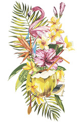 Watercolor painting tropical bouquet with exotic flowers, coconut and flamingo. EPS 10