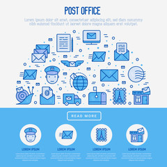 Post office concept in half circle with thin line icons. Symbols of shipping, delivery, packaging. Vector illustration for banner, web page, print media.