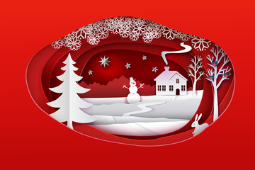 Christmas paper art. Red tone vector illustration. Ellipse paper cut layers with winter forest. White snow nature with house, christmas tree, trees, hare, star, bulfinch's and snowman. Holidays banner