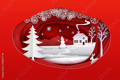 Christmas Paper Art Red Tone Vector Illustration Ellipse