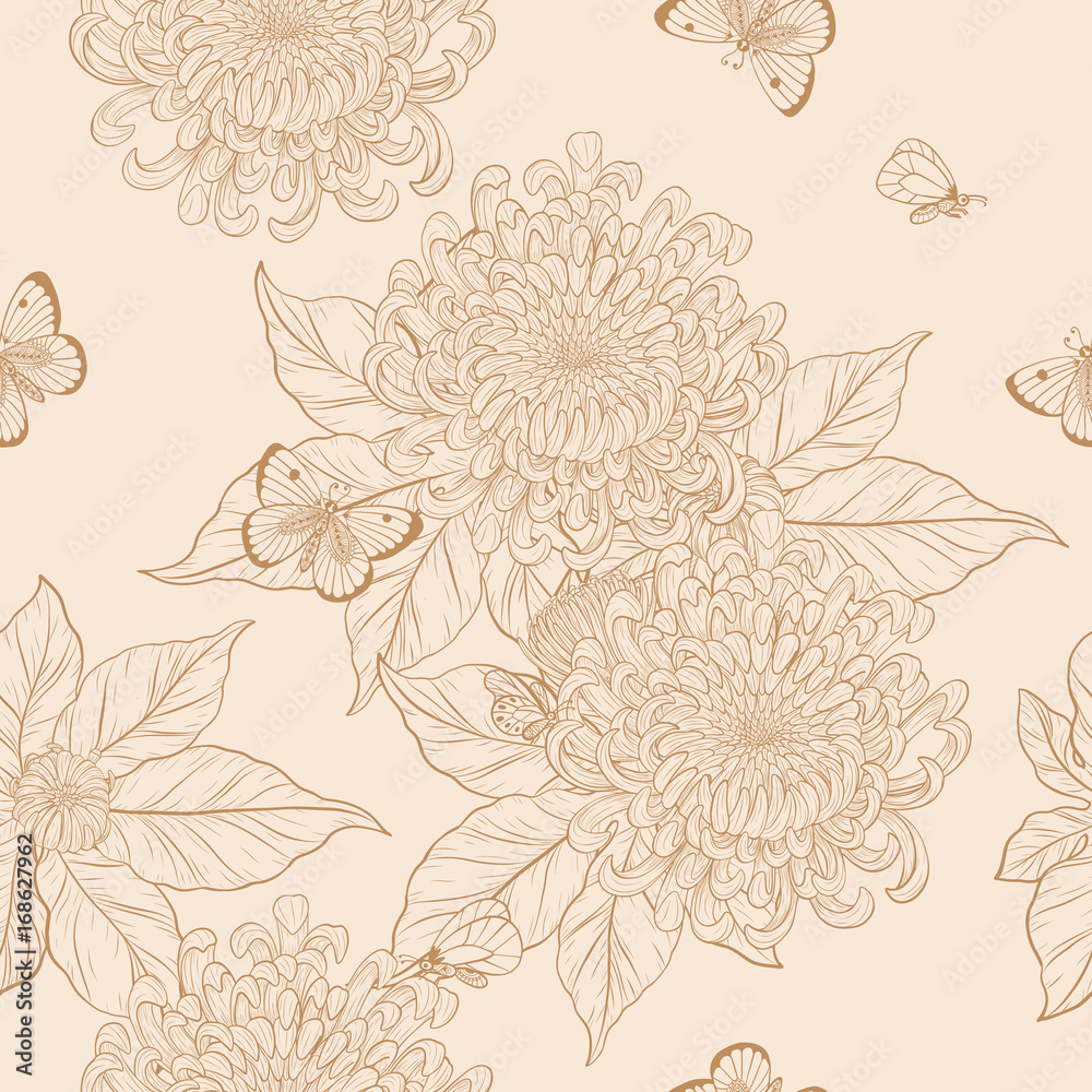 Wall mural Chrysanthemum pattern on vintage  background.Flower wallpaper by hand drawing.Butterfly with flower vintage wallpaper vector.