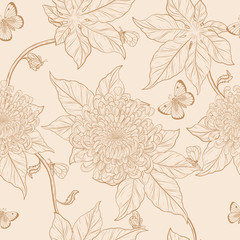 Chrysanthemum pattern on vintage  background.Flower wallpaper by hand drawing.Butterfly with flower vintage wallpaper vector.