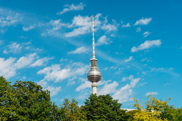 Naklejka premium tv-tower at berlin with green trees and fluffy sky