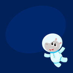 Cute little hippo animal astronaut, spaceman character wearing space suit, cartoon vector illustration with space for text. Baby hippo astronaut, spaceman in spacesuit flying in open space