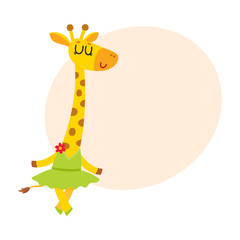 Happy cute little giraffe character, ballet dancer in tutu skirt, cartoon vector illustration with space for text. Little giraffe baby animal, ballet dancer, ballerina in tutu