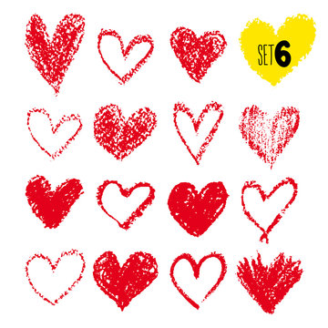Set of hand drawn hearts. Red color. Freehand drawing. Vector illustration. Isolated on white background