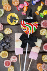 Halloween candies, fruity jellies, marshmallow and lollipops. Halloween trick or treats.