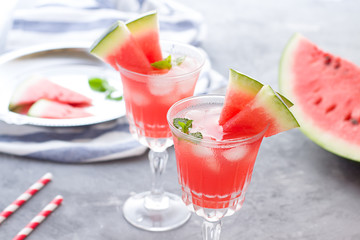 Watermelon cocktail with lemon and mint. Refreshing lemonade close up