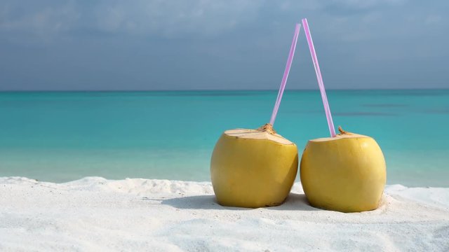 Two fresh coconut with straw on sandy beach with sea background, nobody