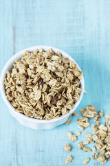 Almond Breakfast Cereal Granola In White Bowl
