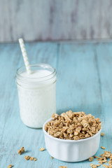 Almond Breakfast Cereal Granola With Glass of Milk