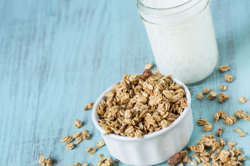 Almond Breakfast Cereal Granola With Glass of Milk