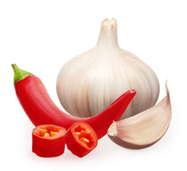 Fresh garlic with clove and cut red chili pepper vegetables