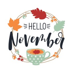 Hello november. Autumn leaves round frame. Wreath of autumn leaves. © Daria