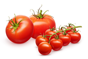 Two whole and branch of fresh red cherry tomatoes