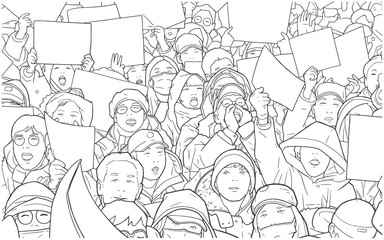 Fototapeta na wymiar Illustration of mixed ethnic crowd protest with blank signs