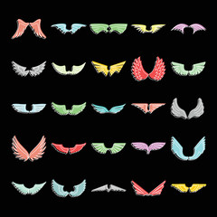 Wings set doodle vector illustration for design and web isolated on black