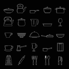 Kitchen dishes set thin line vector illustration for design and web isolated